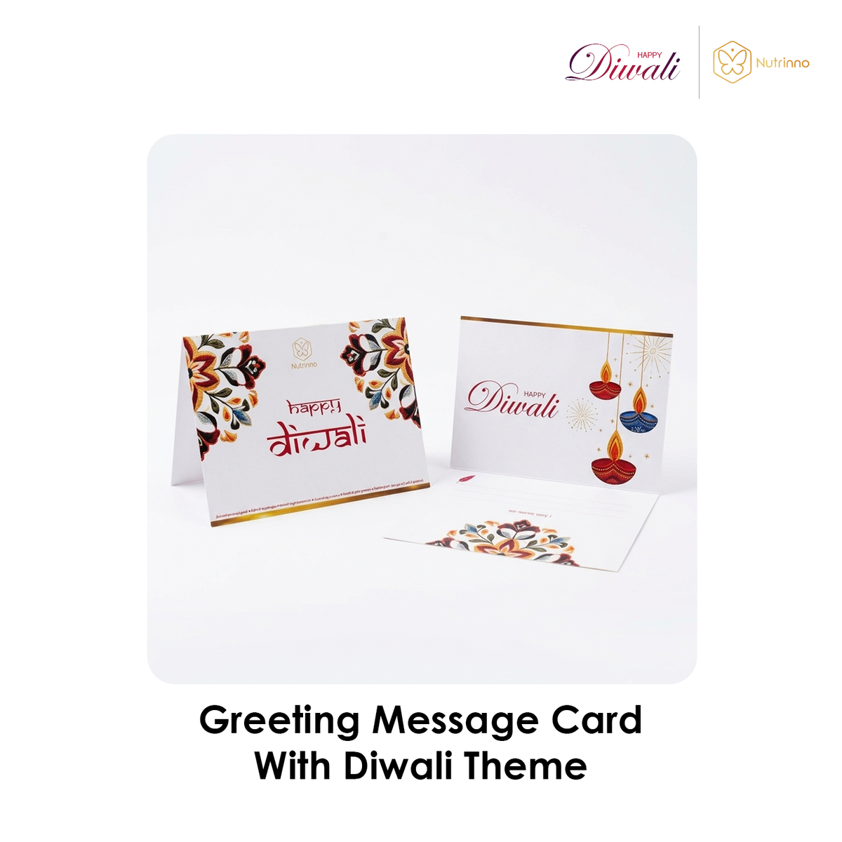 Diwali Mini Gift Hamper featuring white Diwali greeting cards with red and gold lettering, floral motifs, and hanging lamps