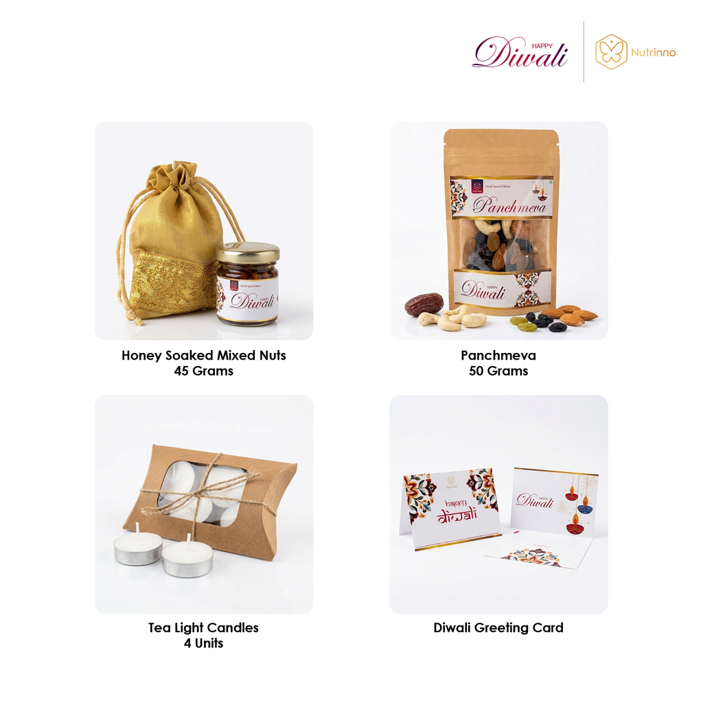 Diwali Mini Gift Hamper with honey-soaked mixed nuts, Panchmeva pouch, tea-light candles and festive greeting card set.