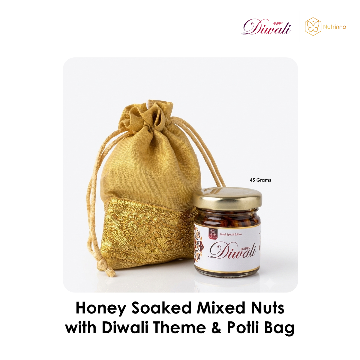 Diwali Mini Gift Hamper with a gold fabric potli bag and jar of honey-soaked mixed nuts, featuring ornate trim
