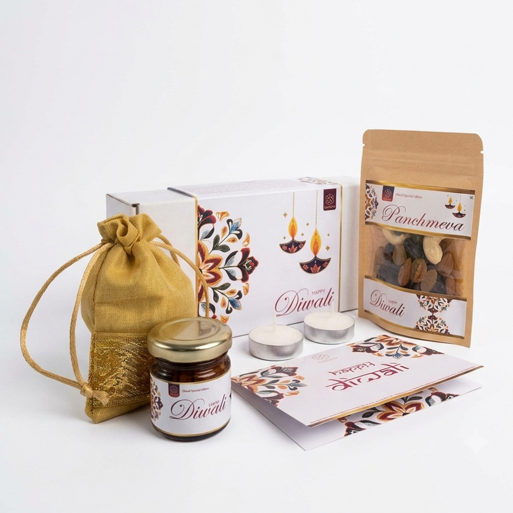 Diwali Mini Gift Hamper with a white printed gift box, golden fabric pouch, honey jar, Panchmeva pack, candles and wish card.
