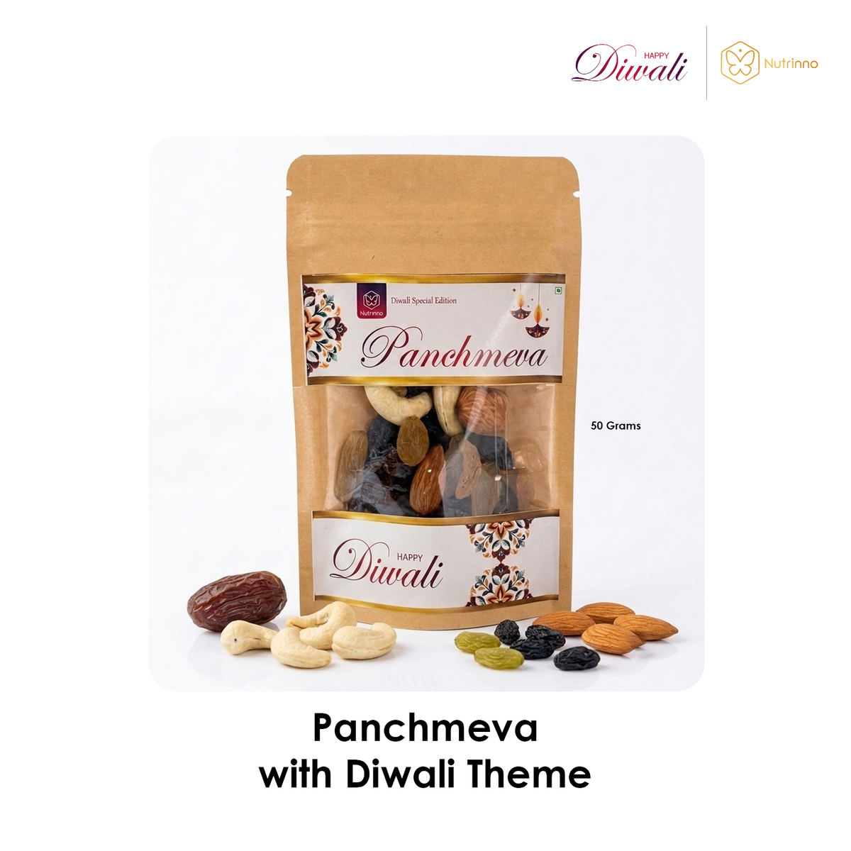 Diwali Mini Gift Hamper with a kraft paper pouch of Panchmeva, featuring festive Diwali-themed labels and mixed nuts and dried fruit inside.