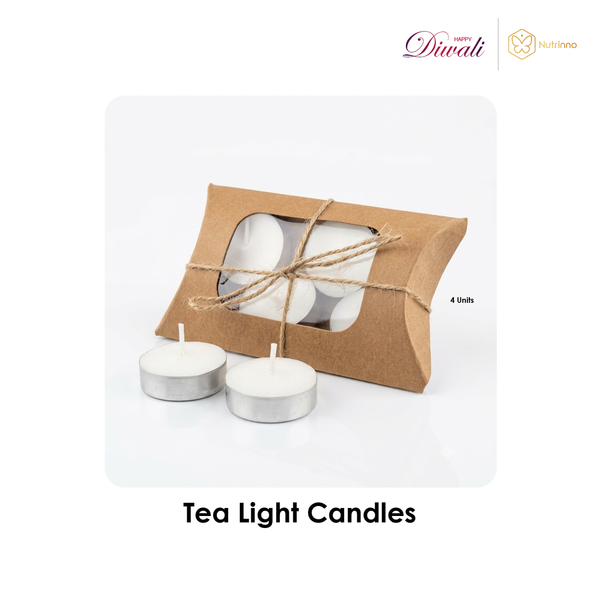 Diwali Mini Gift Hamper tea-light candles in a brown kraft cardboard box tied with natural twine, with white wax candles in silver tins