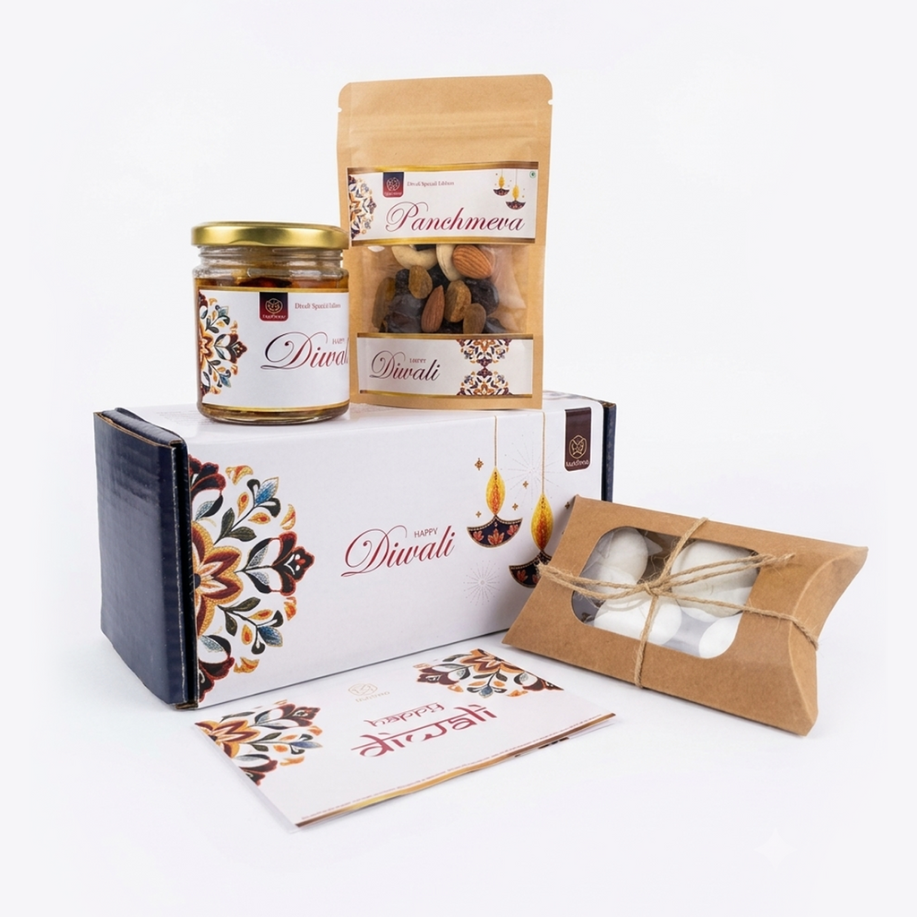 Diwali Premium Gift Hamper with a white festive box, honey-soaked nuts jar, panchmeva pouch, candles and greeting card
