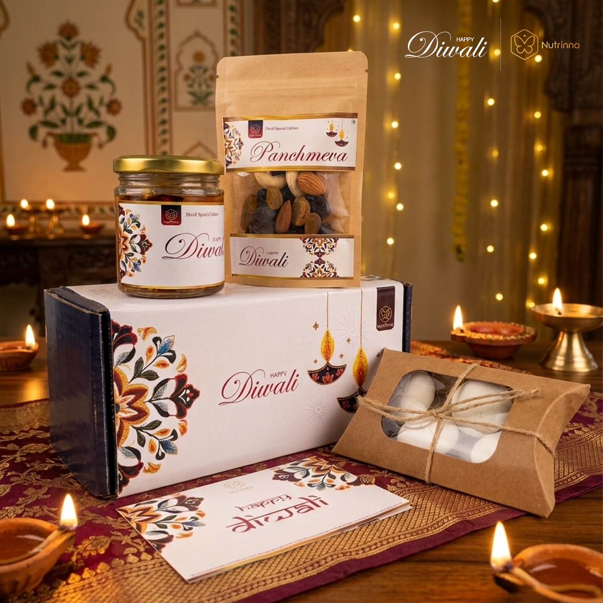 Diwali Premium Gift Hamper with a white floral gift box, honey jar, Panchmeva pouch, wish card and wrapped tea lights