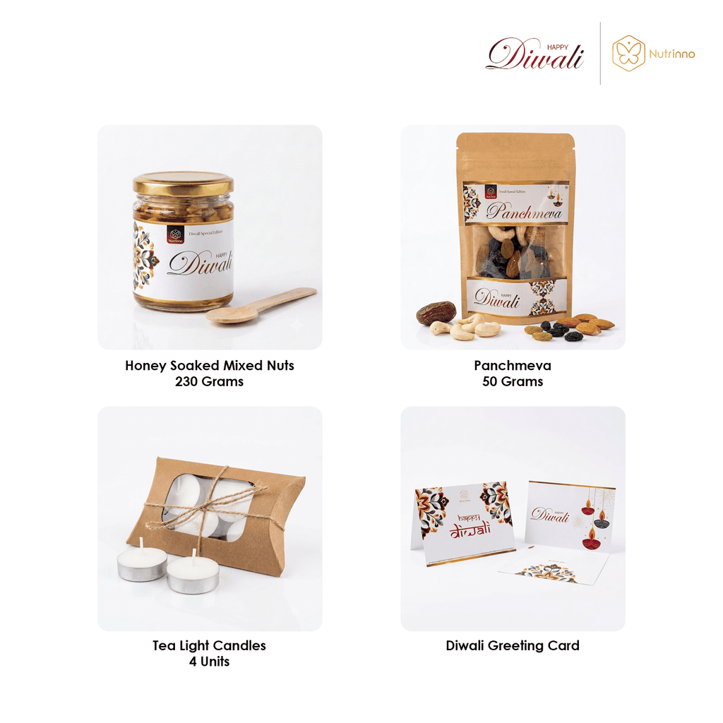 Diwali Premium Gift Hamper featuring a jar of honey-soaked mixed nuts, Panchmeva pouch, tea-light candles and greeting card