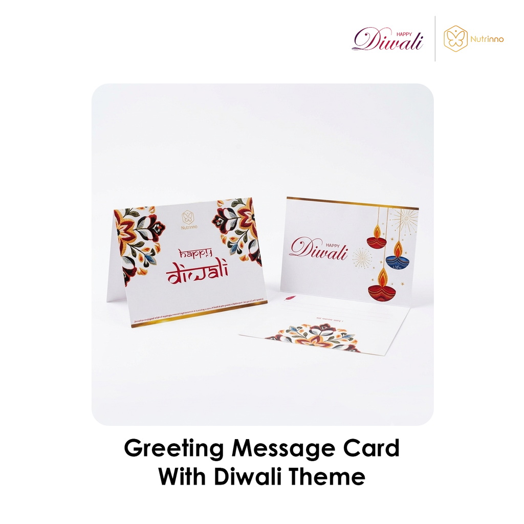 Diwali Premium Gift Hamper featuring white Diwali greeting cards with colorful floral motifs, hanging lamps and festive lettering